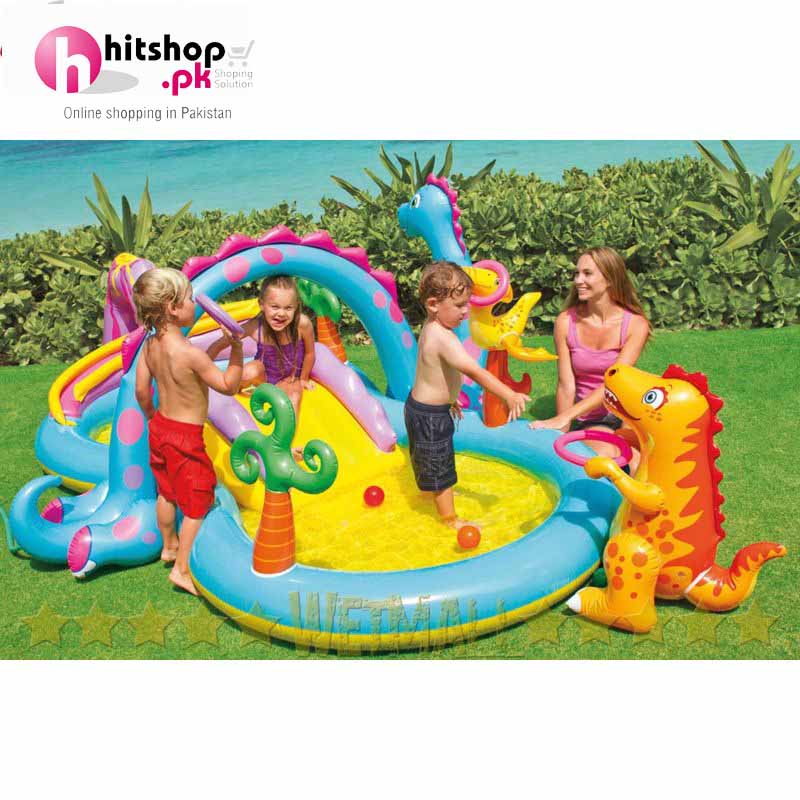 Intex Dinoland Play Center Inflatable Kiddie Spray Wading Pool with Fun Ballz 57135EP